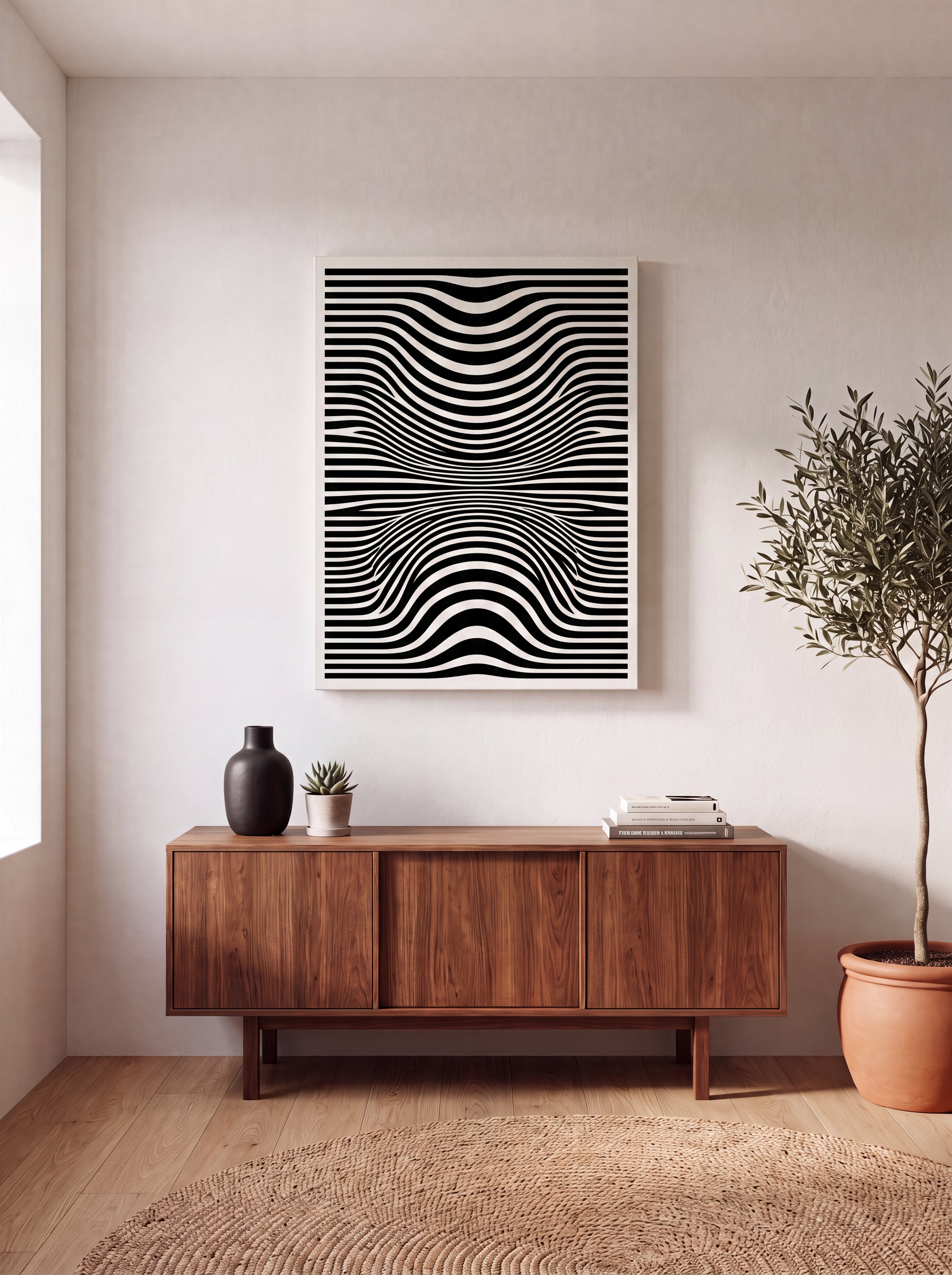 Optical Art Waves | Black & White Geometric Canvas Wall Art