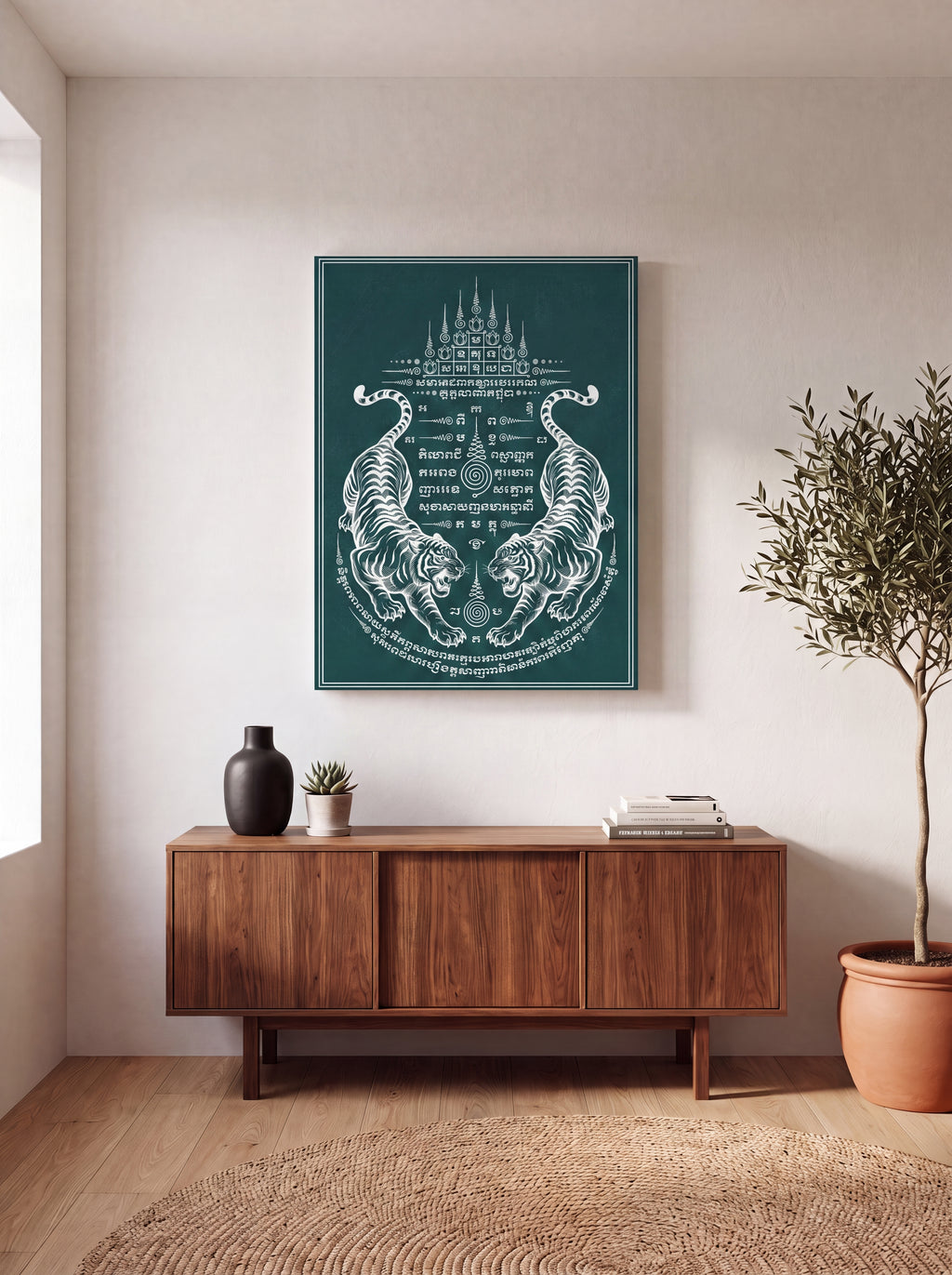 Sak Yant Twin Tigers | Thai Tattoo Canvas Wall Art
