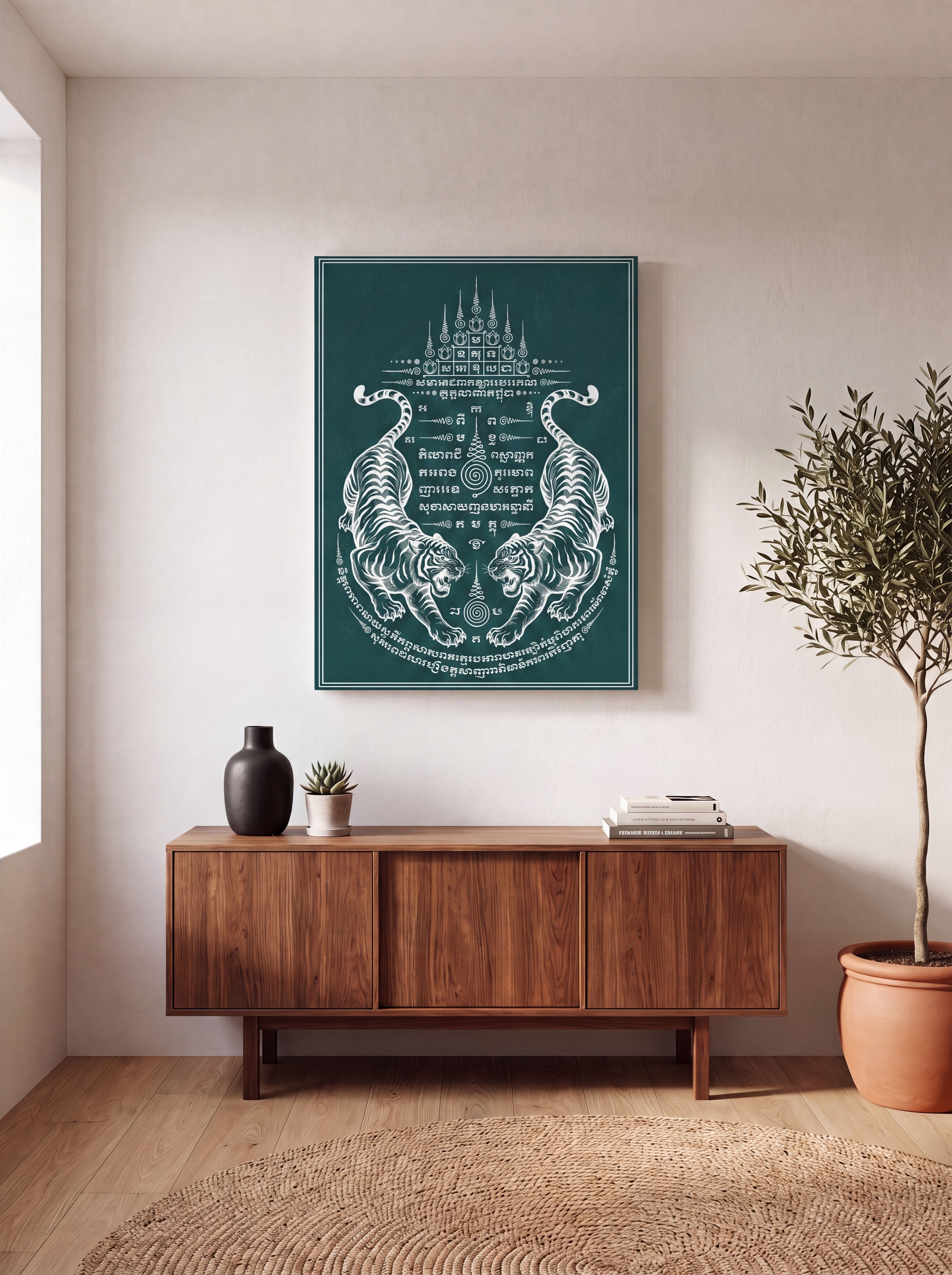 Sak Yant Twin Tigers | Thai Tattoo Canvas Wall Art