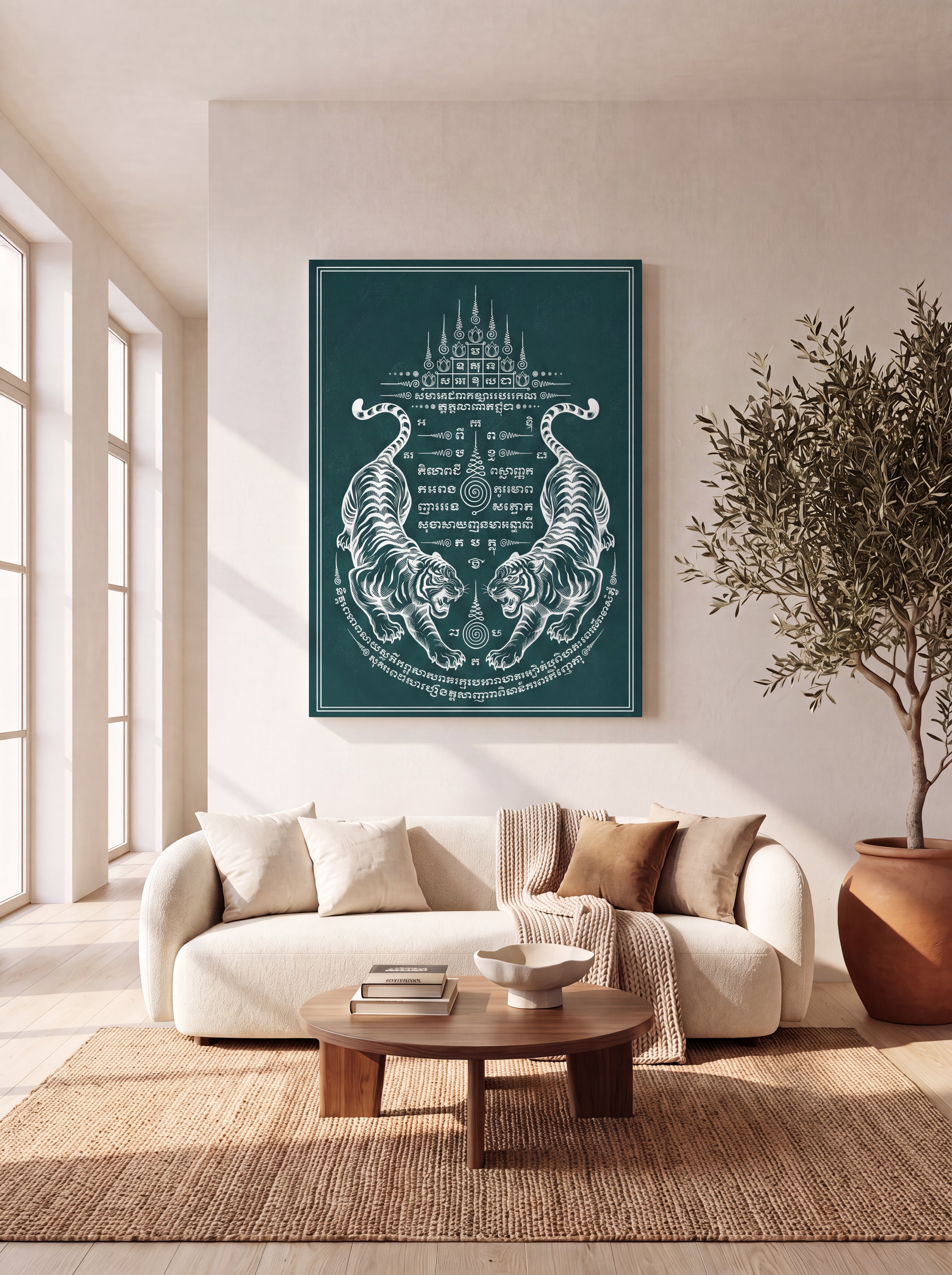 Sak Yant Twin Tigers | Thai Tattoo Canvas Wall Art