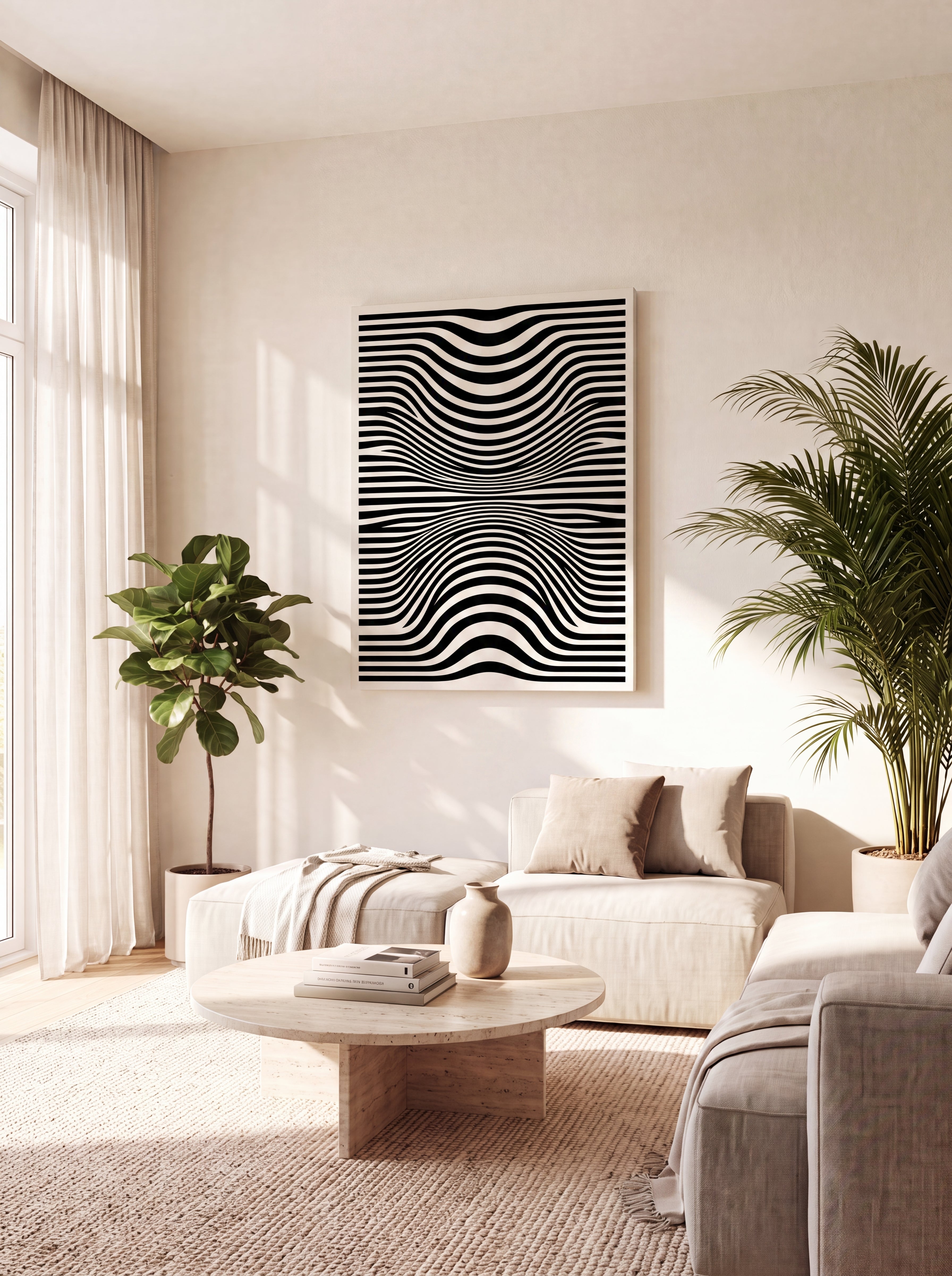 Optical Art Waves | Black & White Geometric Canvas Wall Art