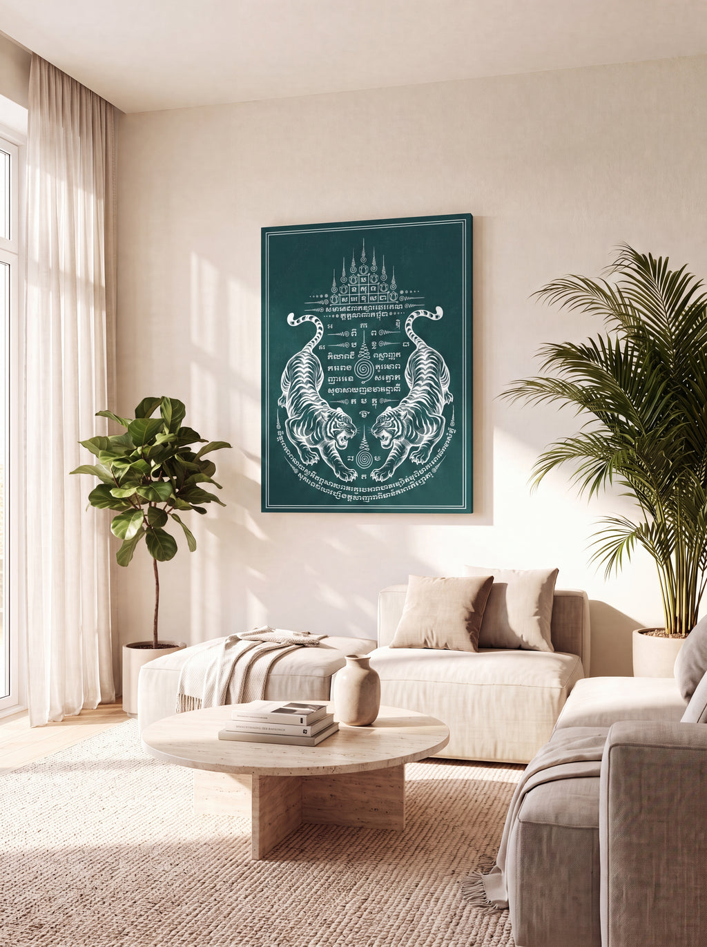 Sak Yant Twin Tigers | Thai Tattoo Canvas Wall Art