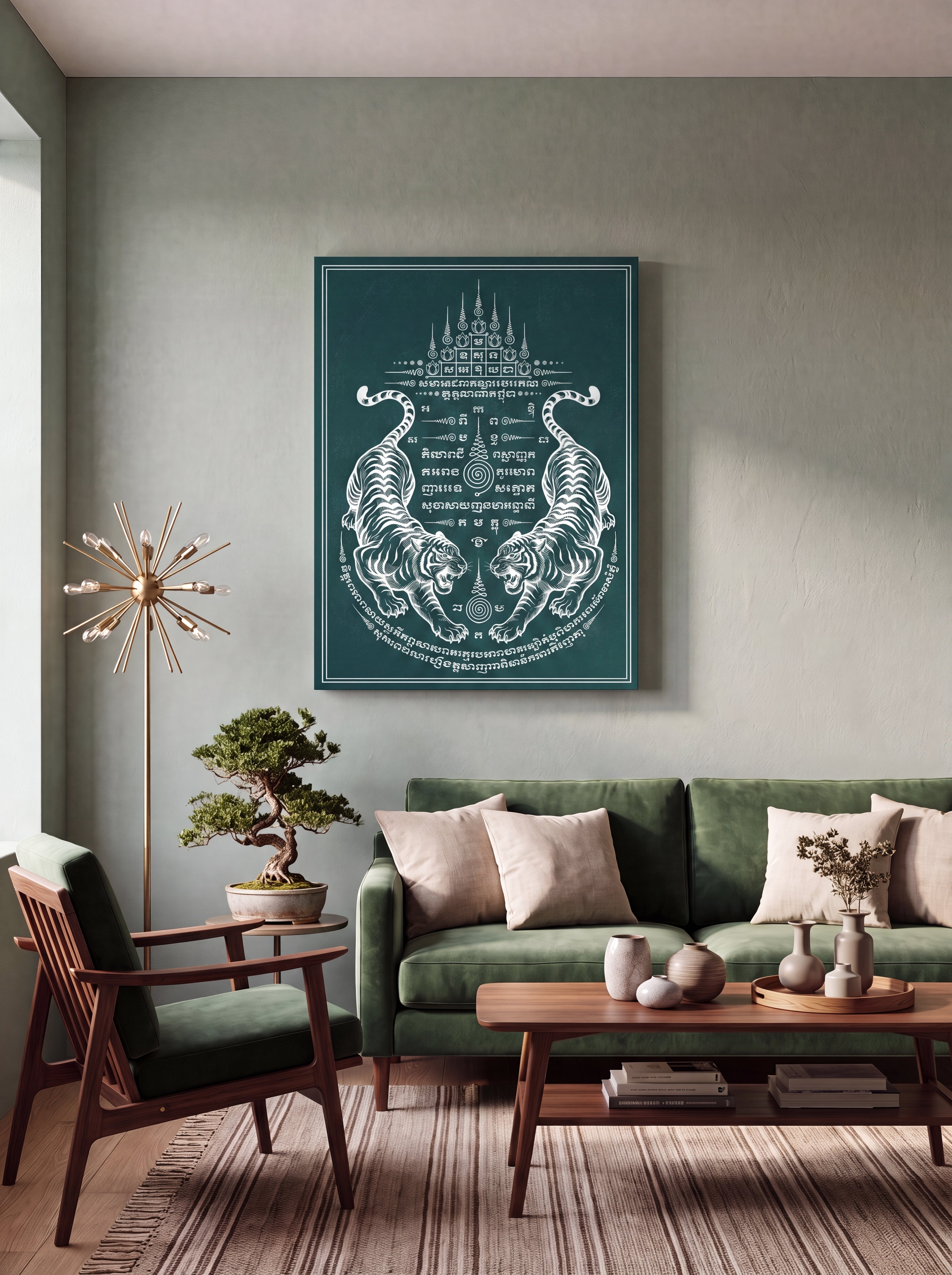 Sak Yant Twin Tigers | Thai Tattoo Canvas Wall Art