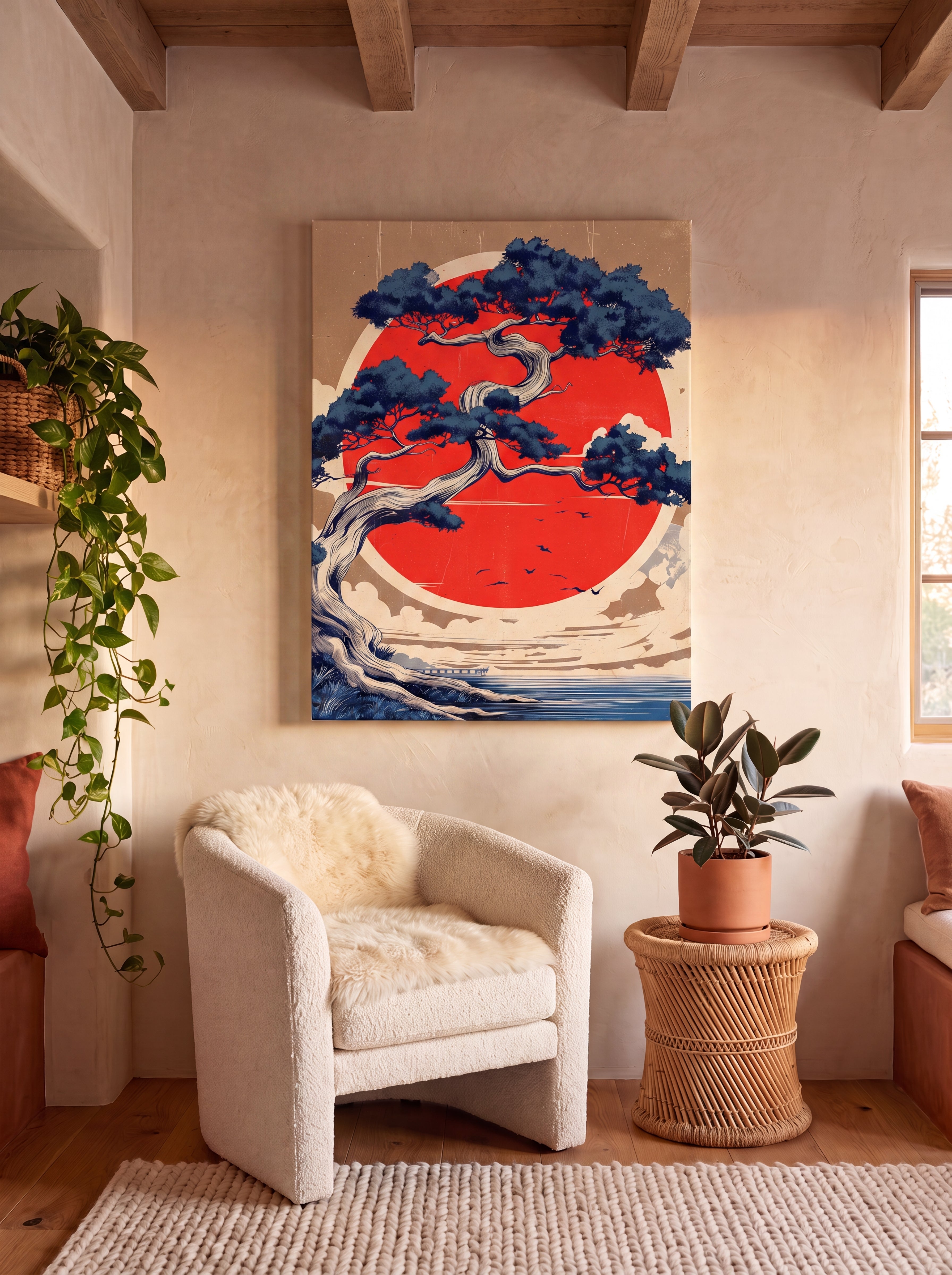 Rising Sun | Japanese Bonsai Woodblock Canvas Wall Art