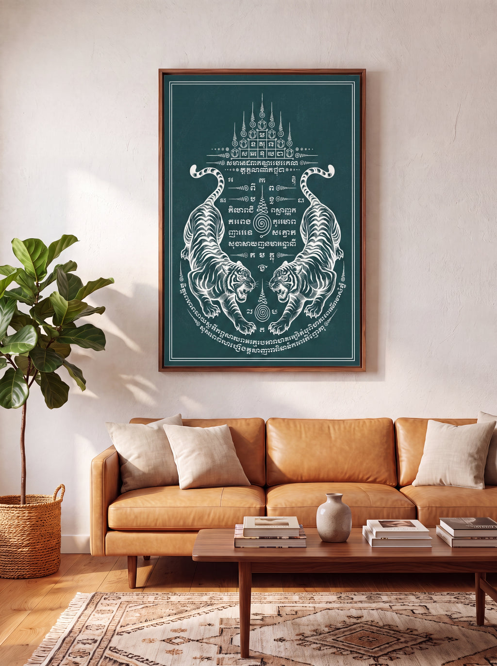 Sak Yant Twin Tigers | Thai Tattoo Canvas Wall Art