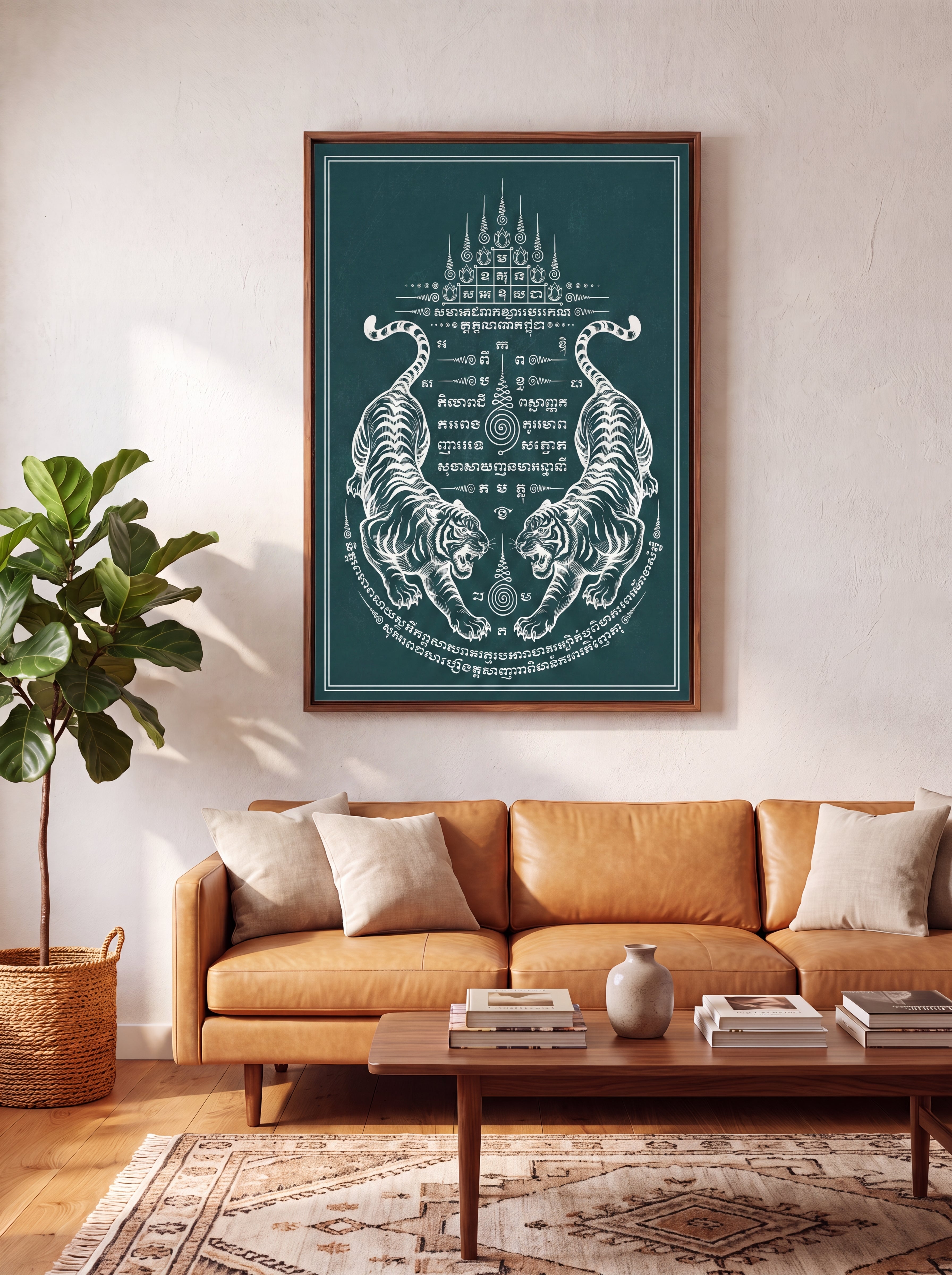 Sak Yant Twin Tigers | Thai Tattoo Canvas Wall Art