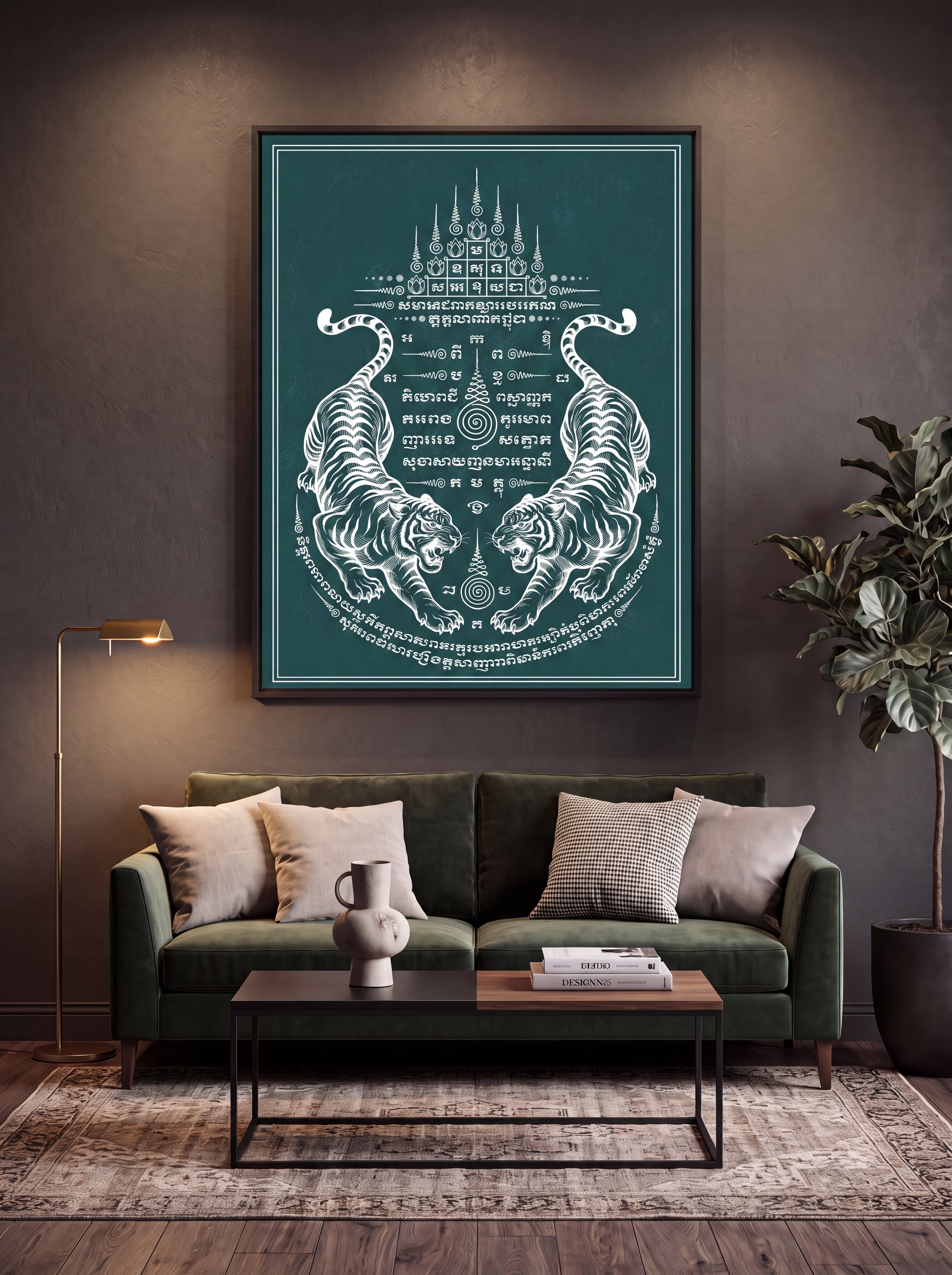 Sak Yant Twin Tigers | Thai Tattoo Canvas Wall Art