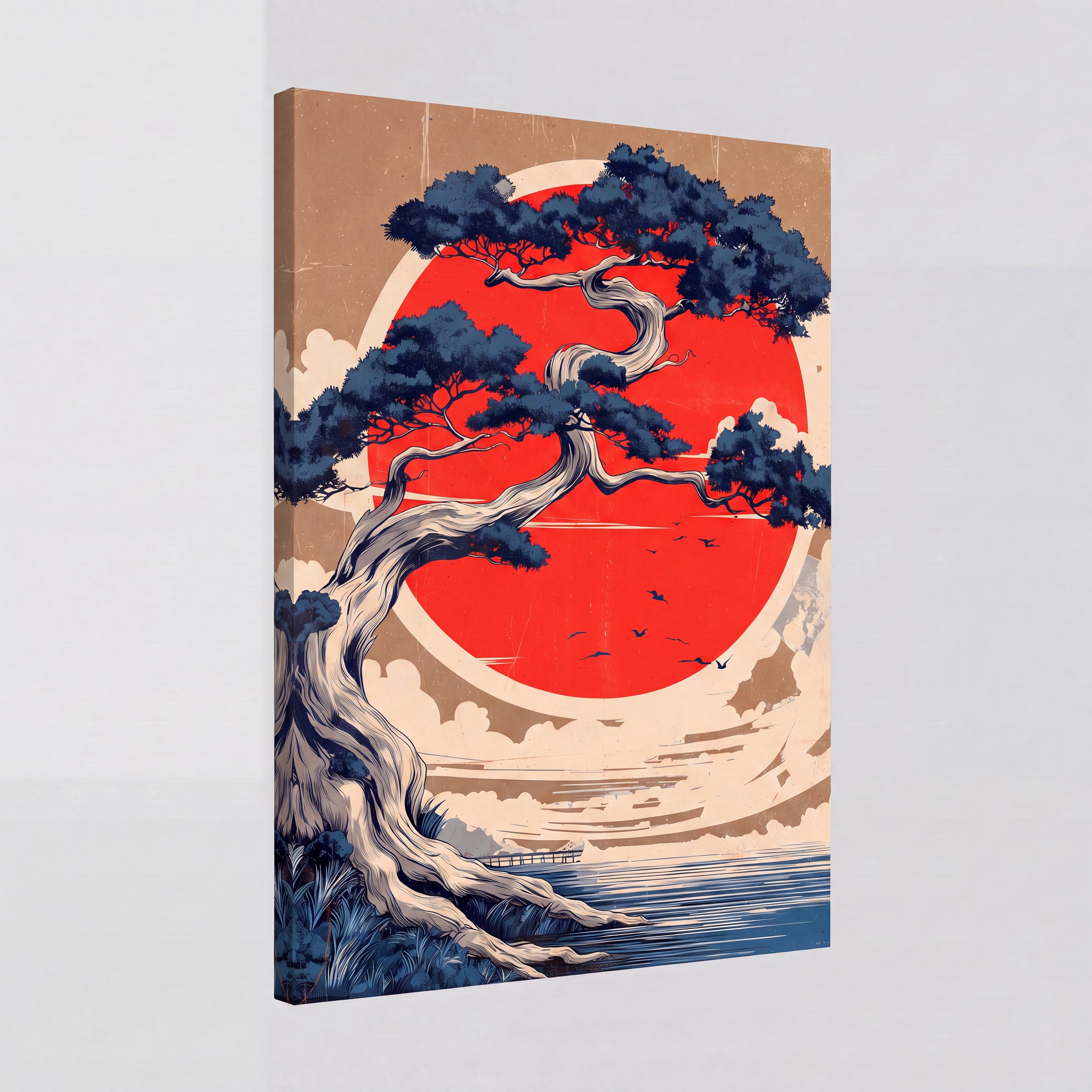 Rising Sun | Japanese Bonsai Woodblock Canvas Wall Art