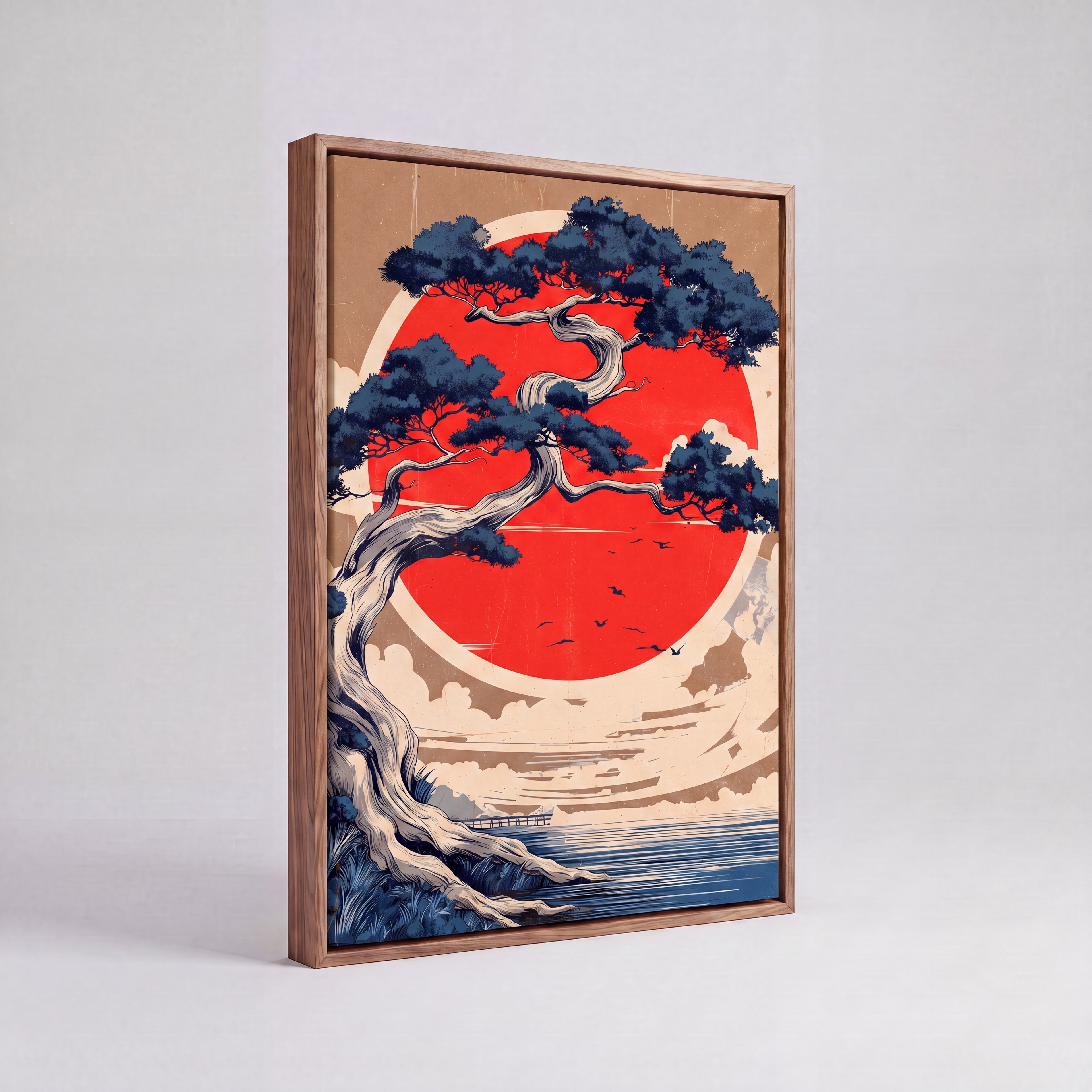 Rising Sun | Japanese Bonsai Woodblock Canvas Wall Art