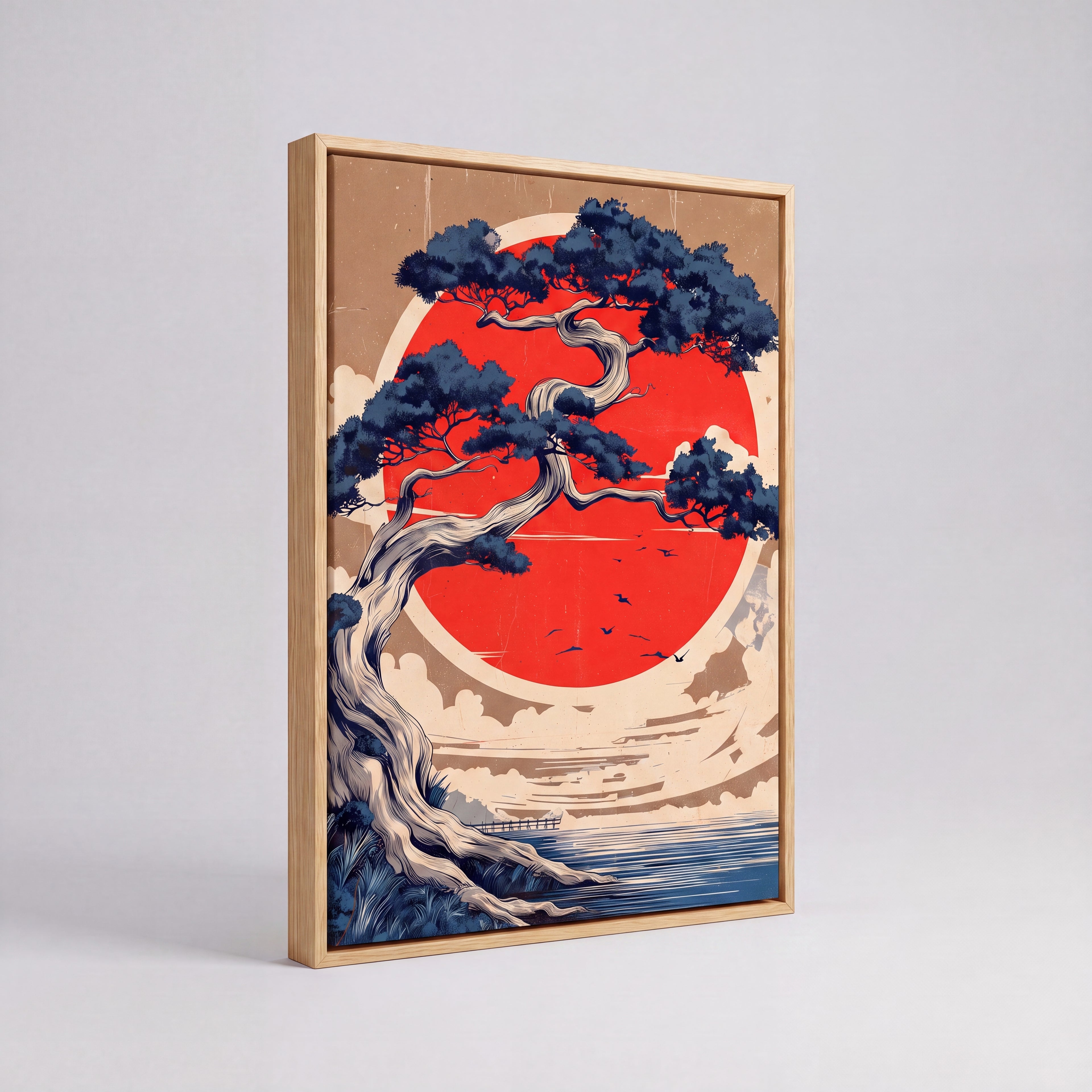 Rising Sun | Japanese Bonsai Woodblock Canvas Wall Art